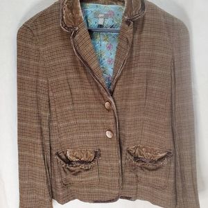 J. Jill Plaid Tweed Blazer with Velvet Trim Size 8 Petite
